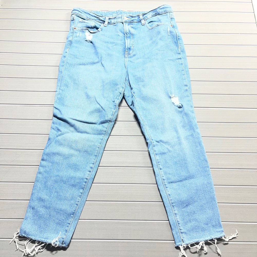 Old Navy OG Straight High Rise Distressed Jeans Light Wash Raw Hem Womens 16